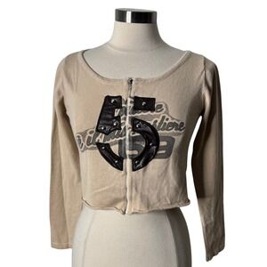 Senhu Y2K Beige Cropped Zip Up Cardigan Cotton Graphic Patch Tan Sweater
